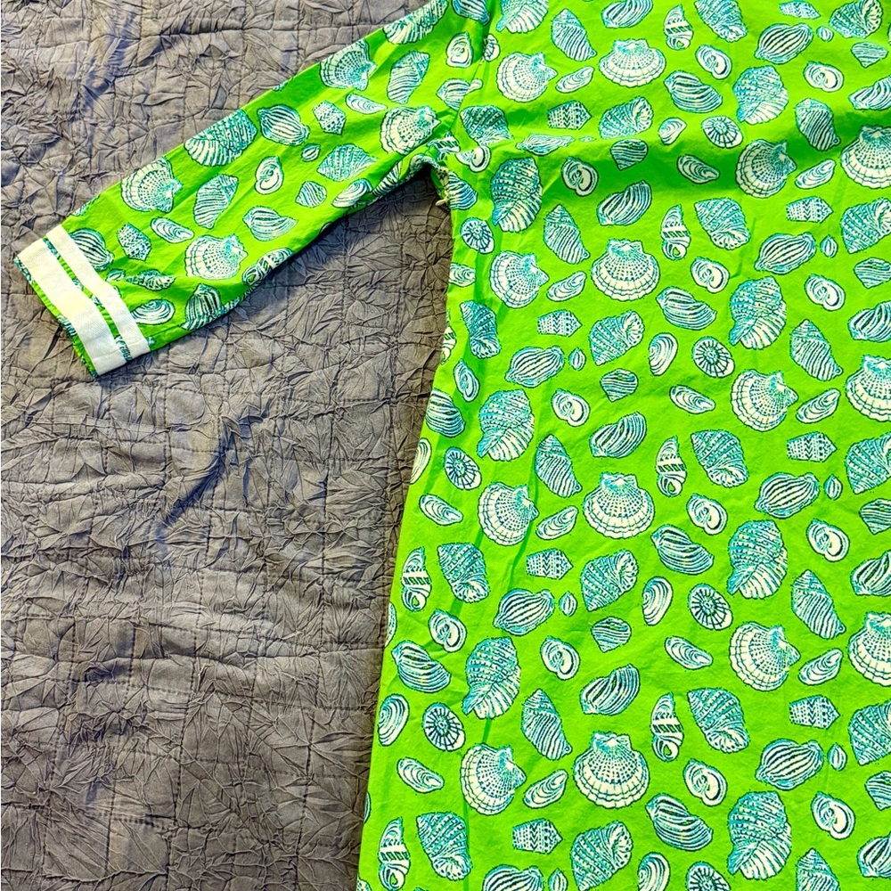 Vtg Lauren Gold Tunic Dress Lime Green Seashell Print Cotton Resort Beach Sz 10 - Picture 9 of 12